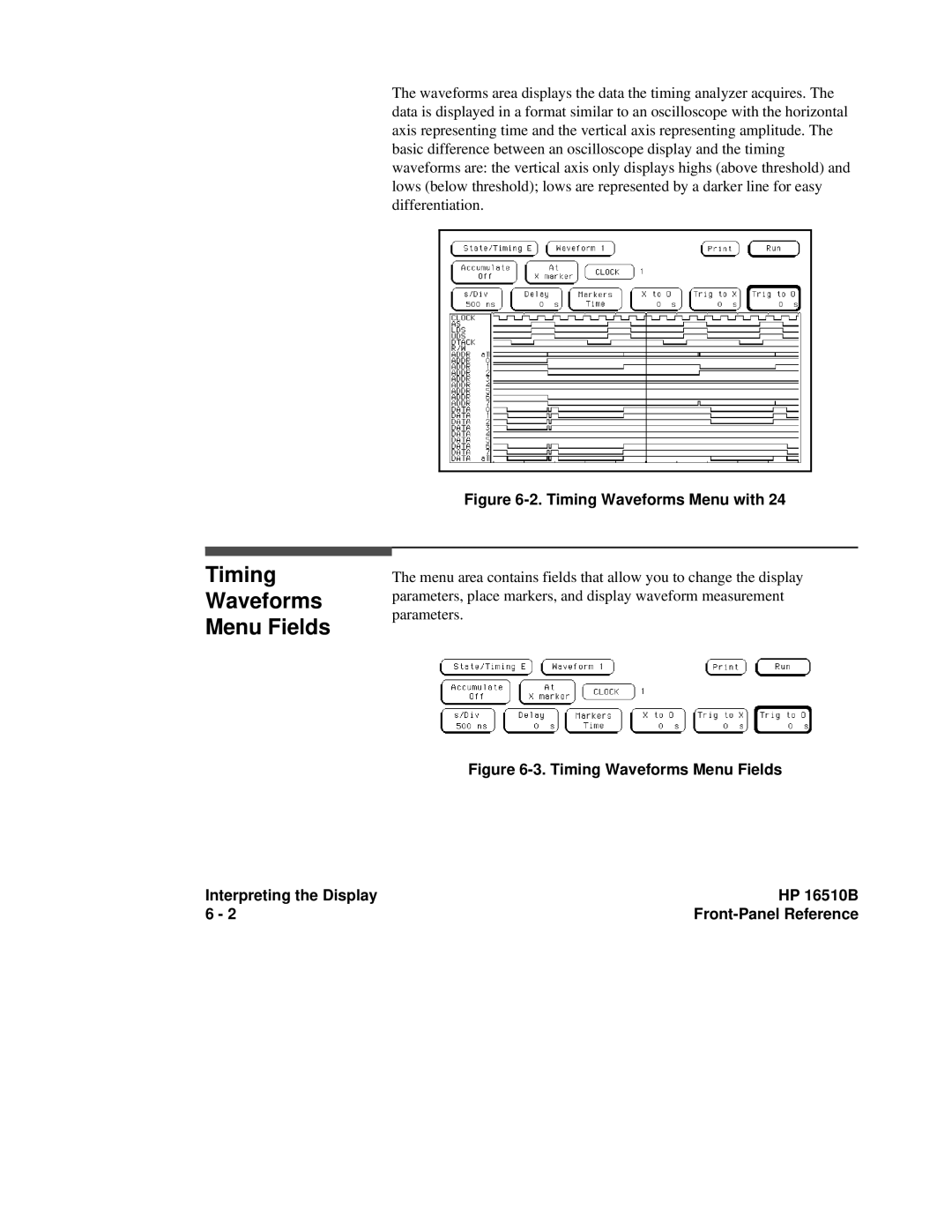 HP 16500A, 16510B manual Timing Waveforms Menu Fields, Timing Waveforms Menu with 