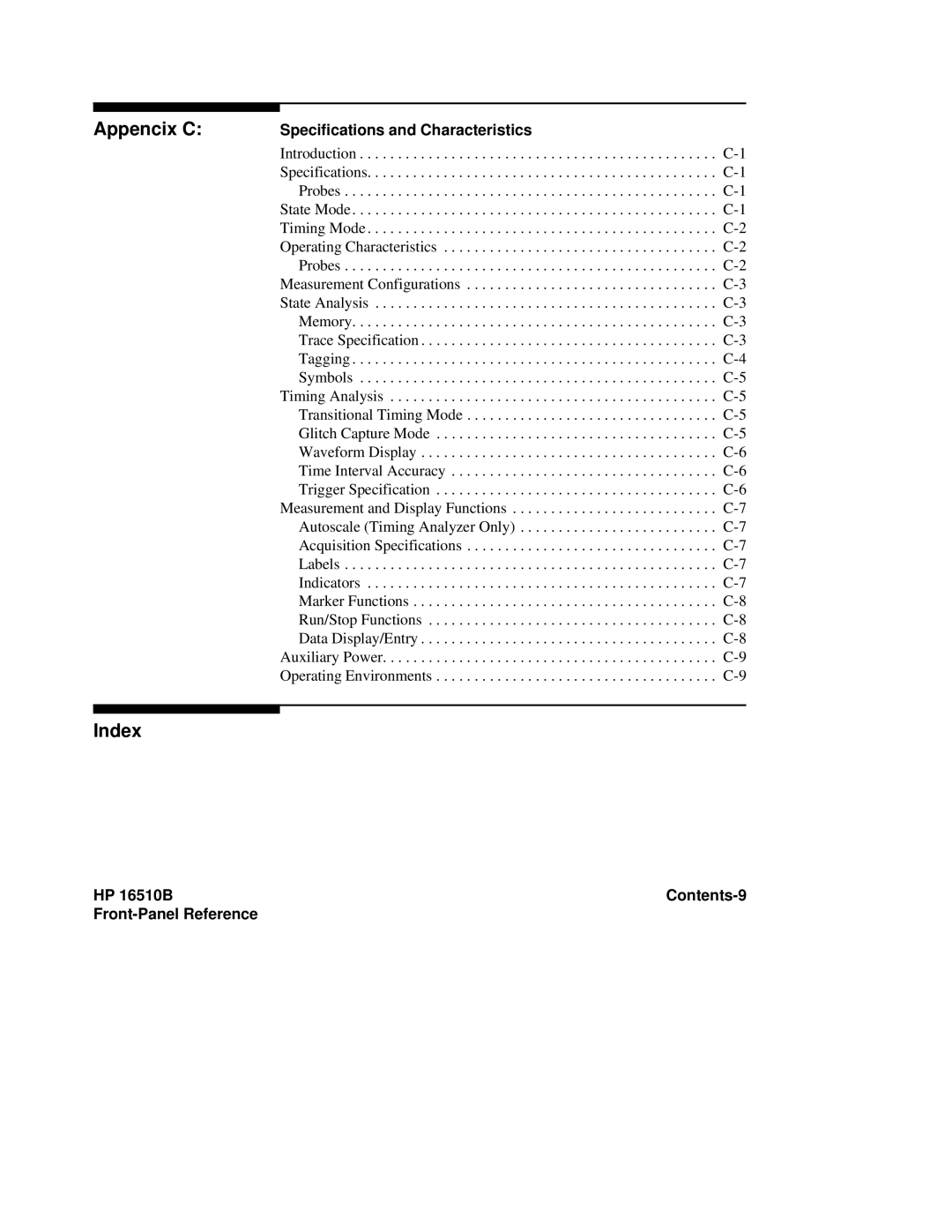 HP 16500A manual Appencix C Index, Specifications and Characteristics, HP 16510B Contents-9 Front-Panel Reference 