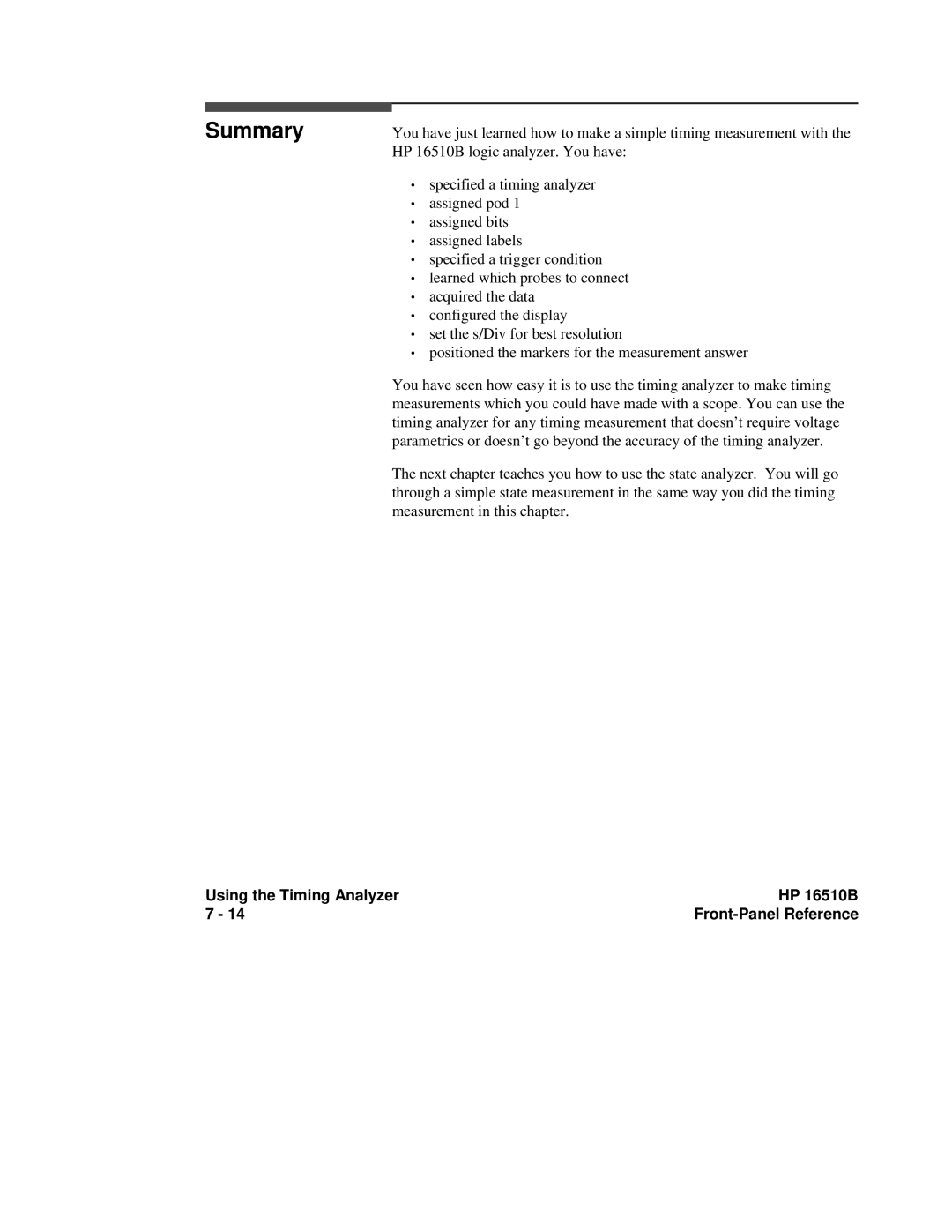 HP 16500A manual Summary, Using the Timing Analyzer HP 16510B 