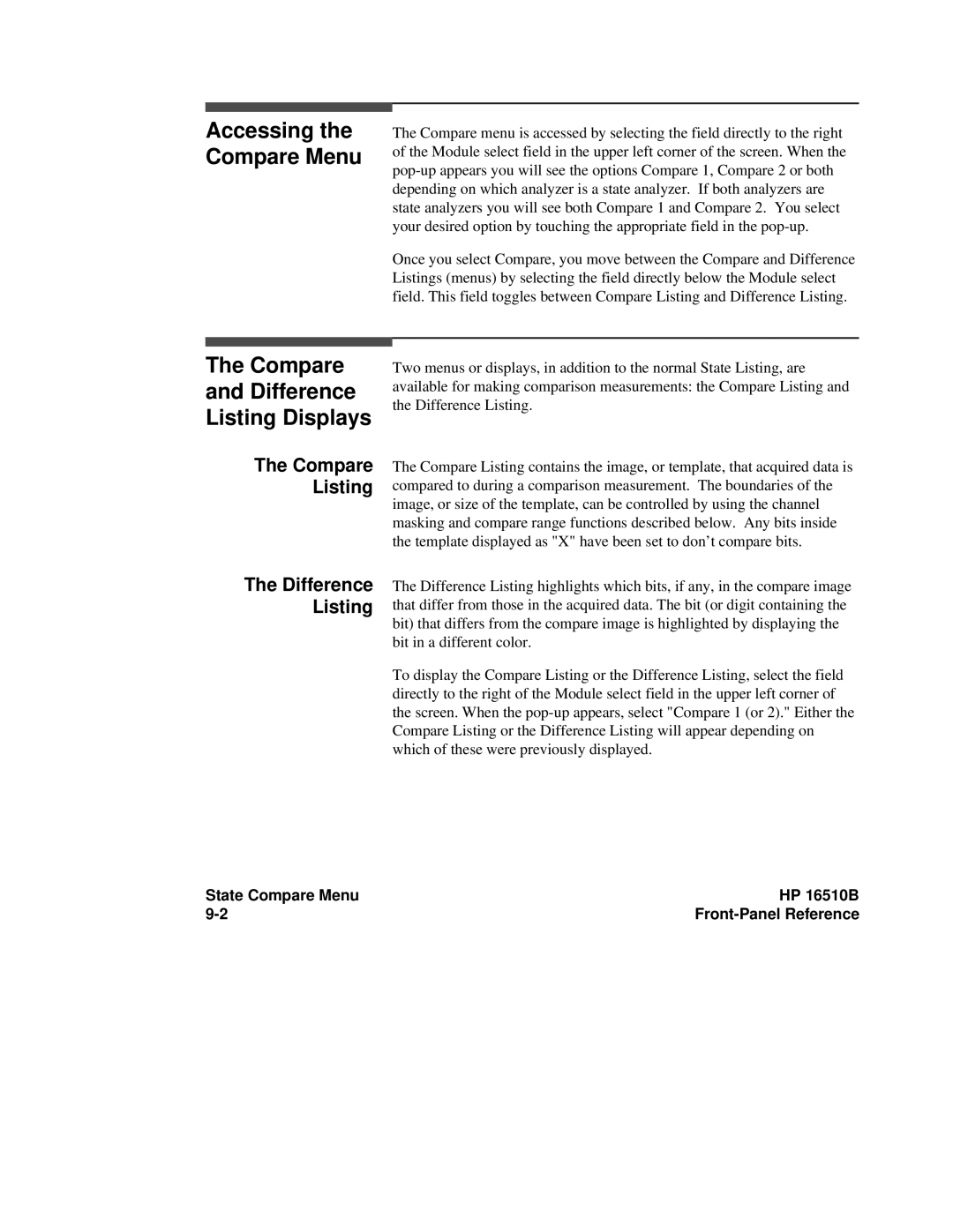 HP 16500A Compare Difference Listing Displays, Accessing the Compare Menu, Compare Listing, State Compare Menu HP 16510B 