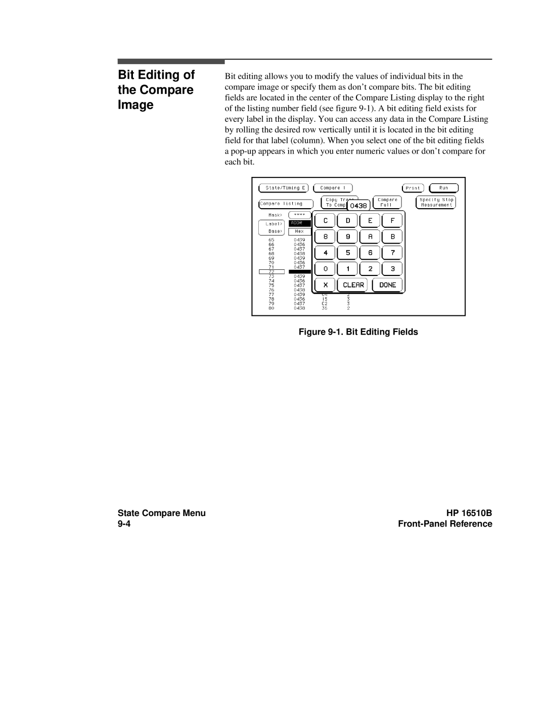 HP 16500A manual Bit Editing Compare Image, Bit Editing Fields State Compare Menu HP 16510B 