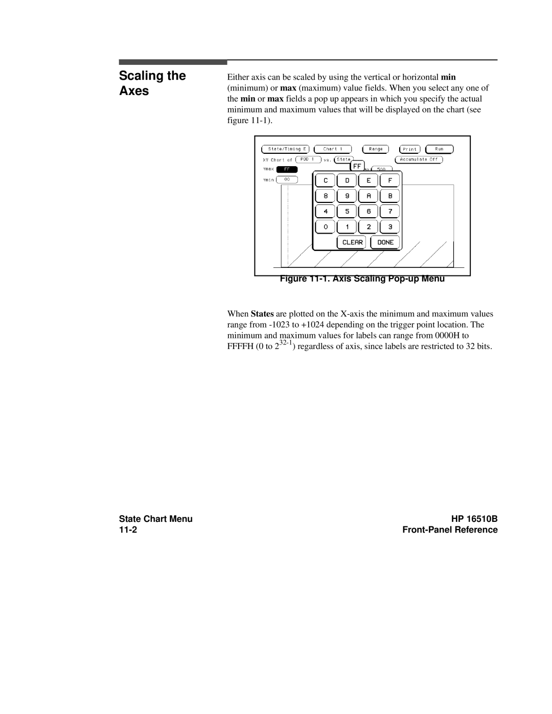 HP 16500A manual Scaling the Axes, State Chart Menu HP 16510B 11-2 