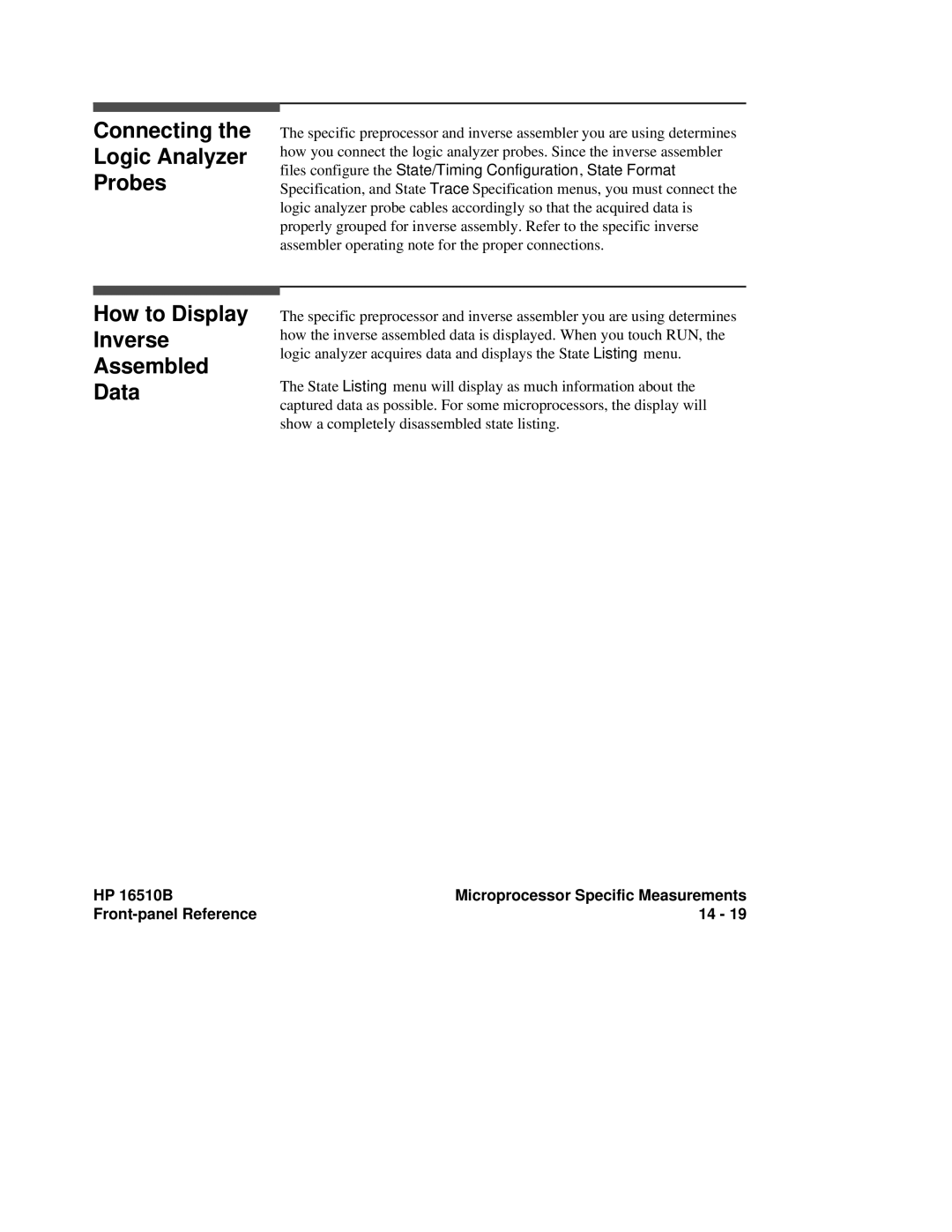 HP 16510B Connecting Logic Analyzer Probes, How to Display Inverse Assembled Data, Microprocessor Specific Measurements 14 