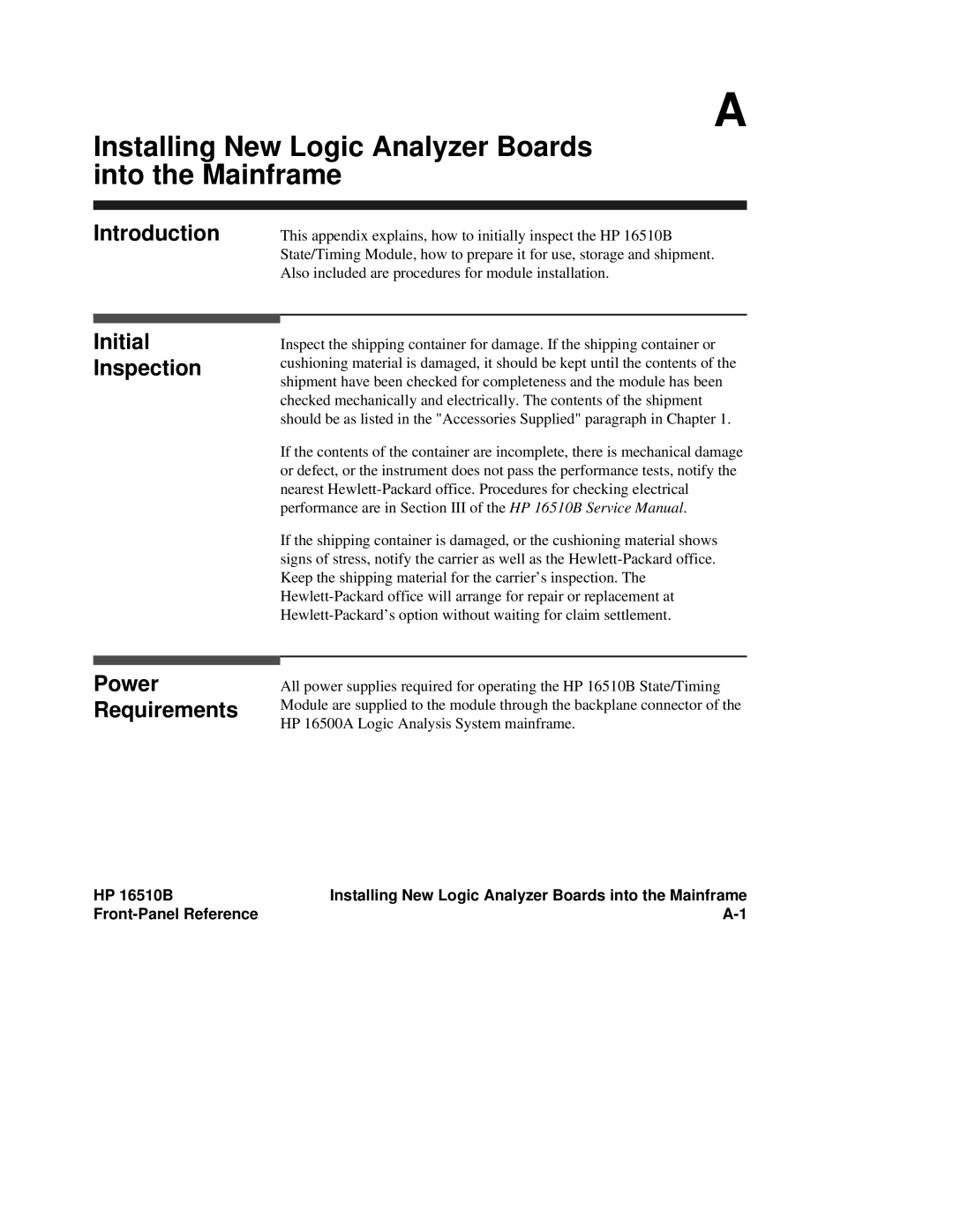 HP 16510B Installing New Logic Analyzer Boards into the Mainframe, Introduction Initial Inspection, Power Requirements 