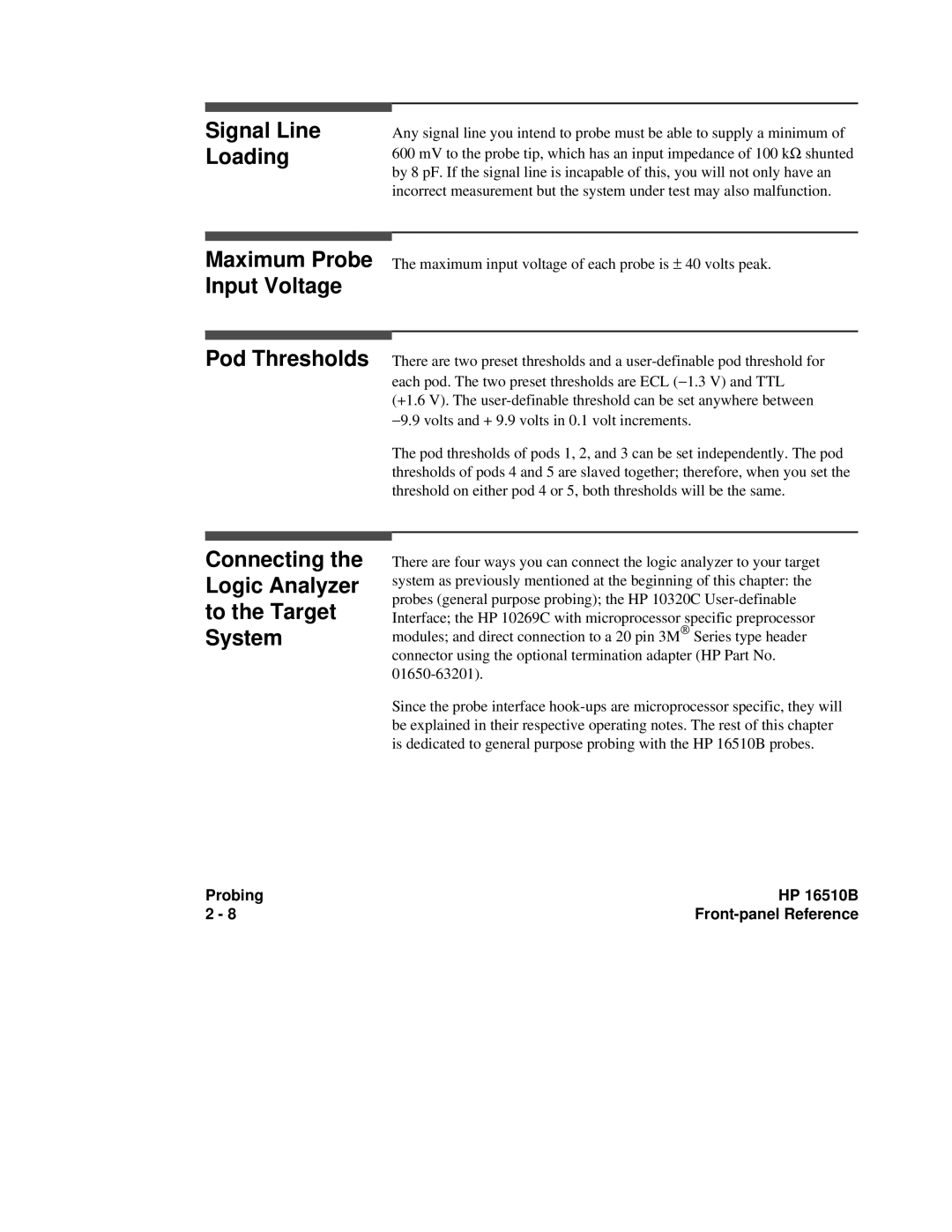 HP 16500A, 16510B manual Signal Line Loading, Pod Thresholds, Maximum Probe Input Voltage 