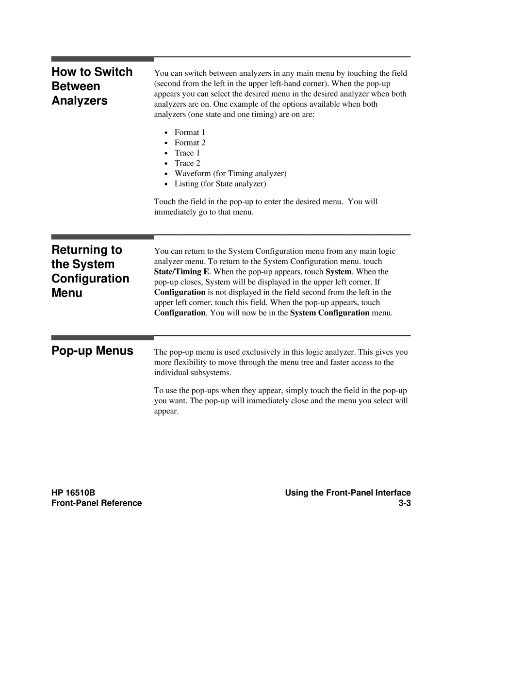 HP 16510B, 16500A manual How to Switch Between Analyzers, Pop-up Menus, Returning to the System Configuration Menu 