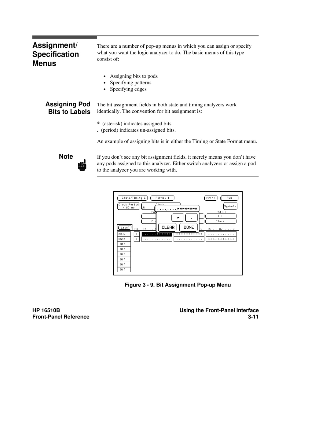 HP 16510B, 16500A manual Assignment Specification Menus, Assigning Pod Bits to Labels 