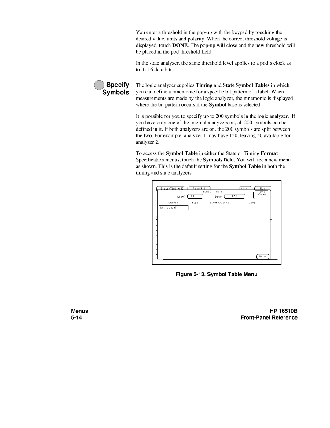 HP 16500A manual Specify Symbols, Symbol Table Menu HP 16510B Front-Panel Reference 