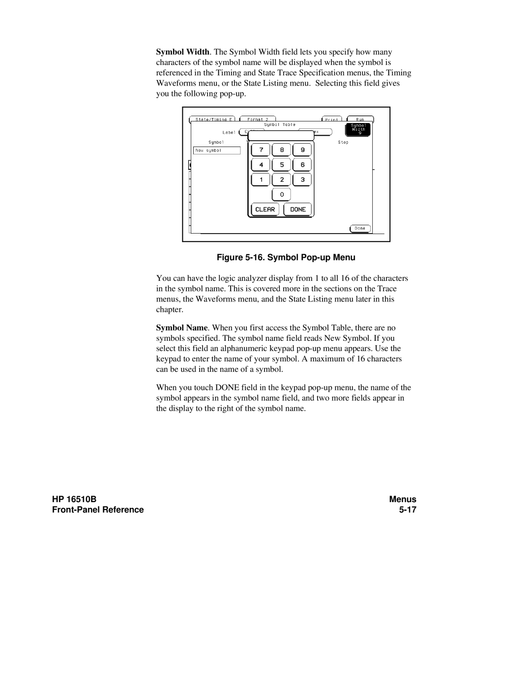 HP 16510B, 16500A manual Symbol Pop-up Menu 