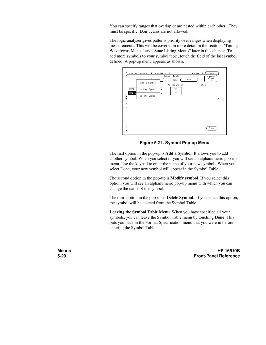 HP 16500A, 16510B manual Symbol Pop-up Menu 