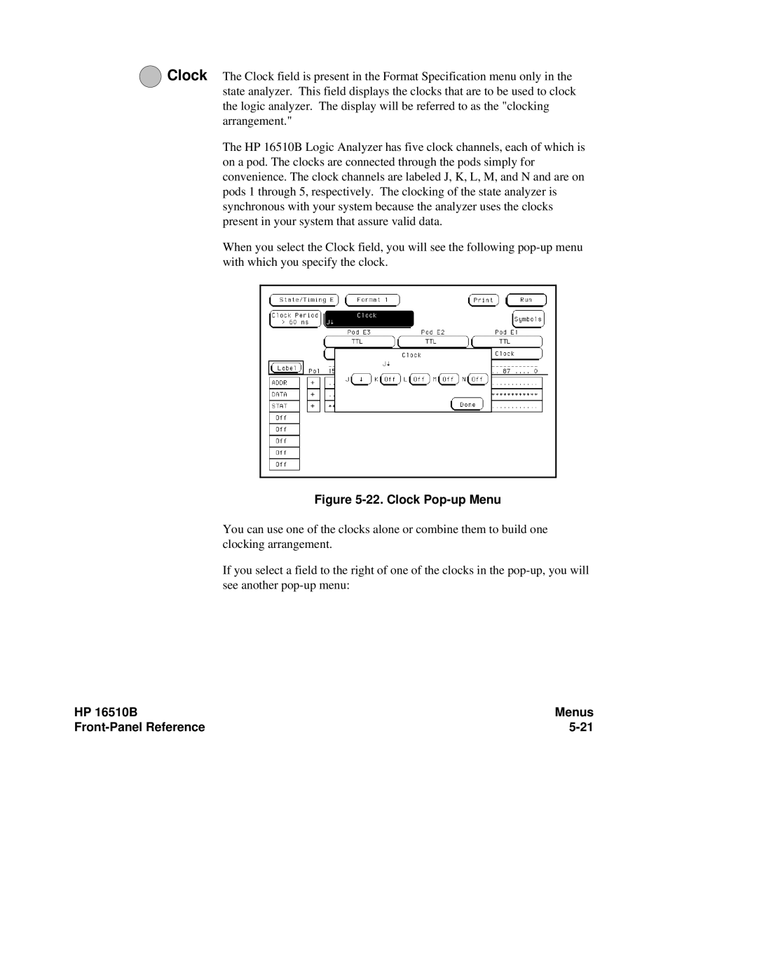 HP 16510B, 16500A manual Clock Pop-up Menu 