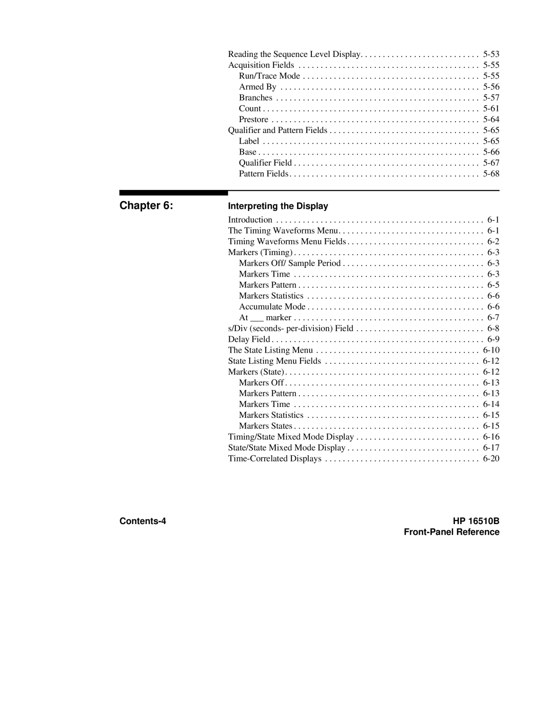 HP 16500A manual Interpreting the Display, Contents-4 HP 16510B 