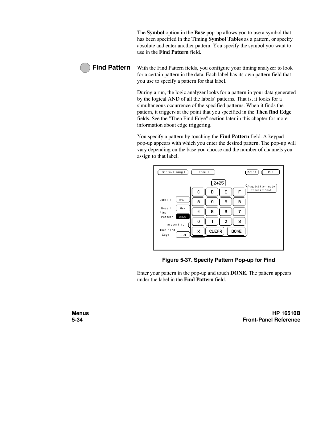 HP 16500A, 16510B manual Specify Pattern Pop-up for Find 