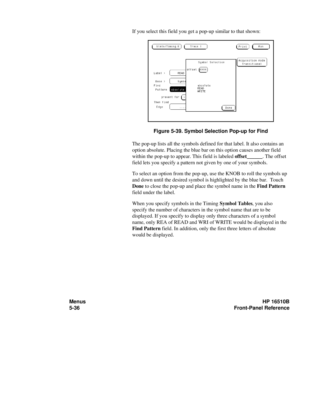 HP 16500A, 16510B manual Symbol Selection Pop-up for Find 