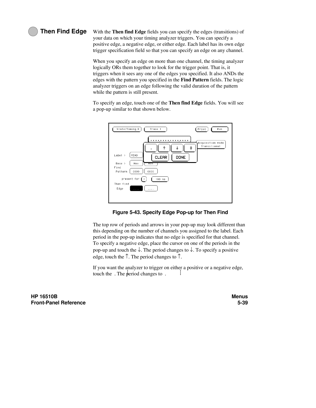 HP 16510B, 16500A manual Specify Edge Pop-up for Then Find 