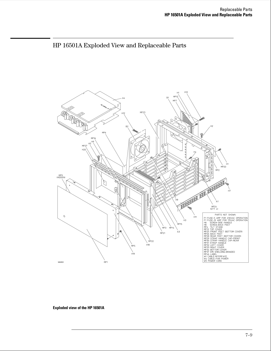 HP 16500B manual HP 16501A Exploded View and Replaceable Parts 