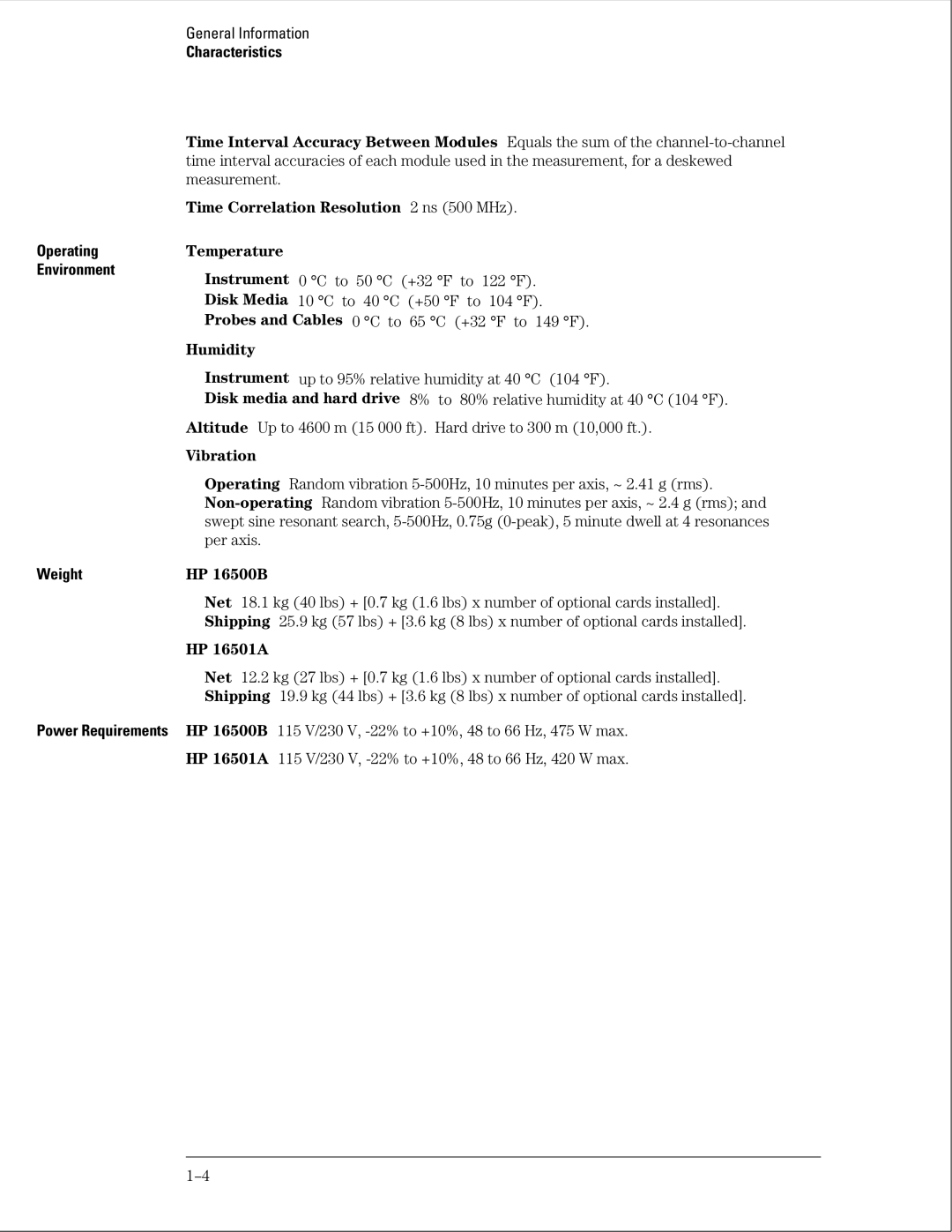 HP manual Humidity, Vibration, HP 16500B, HP 16501A 