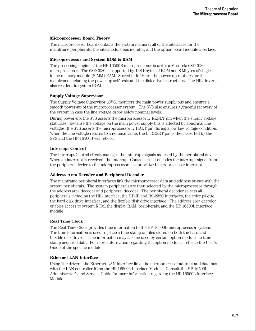 HP 16500B Microprocessor Board Theory, Microprocessor and System ROM & RAM, Supply Voltage Supervisor, Interrupt Control 