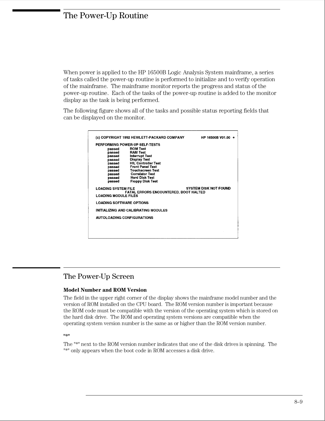 HP 16500B manual Power-Up Screen, Model Number and ROM Version 