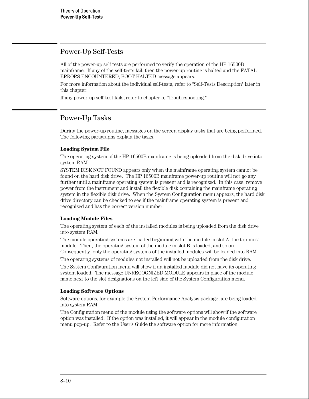 HP 16500B manual Power-Up Self-Tests, Power-Up Tasks, Loading System File, Loading Module Files, Loading Software Options 