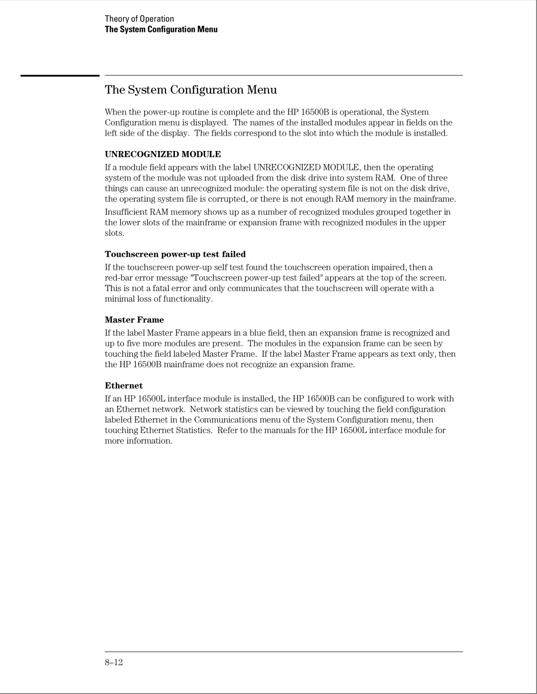 HP 16500B manual System Configuration Menu, Touchscreen power-up test failed, Master Frame, Ethernet 