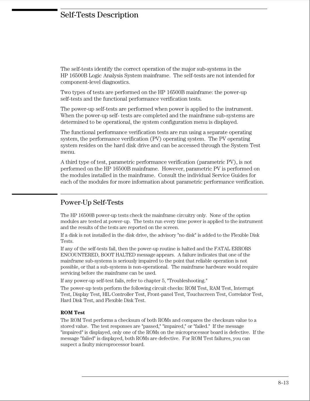 HP 16500B manual Self-Tests Description, ROM Test 