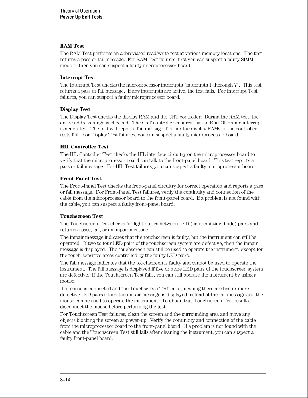 HP 16500B manual RAM Test, Interrupt Test, Display Test, HIL Controller Test, Front-Panel Test, Touchscreen Test 