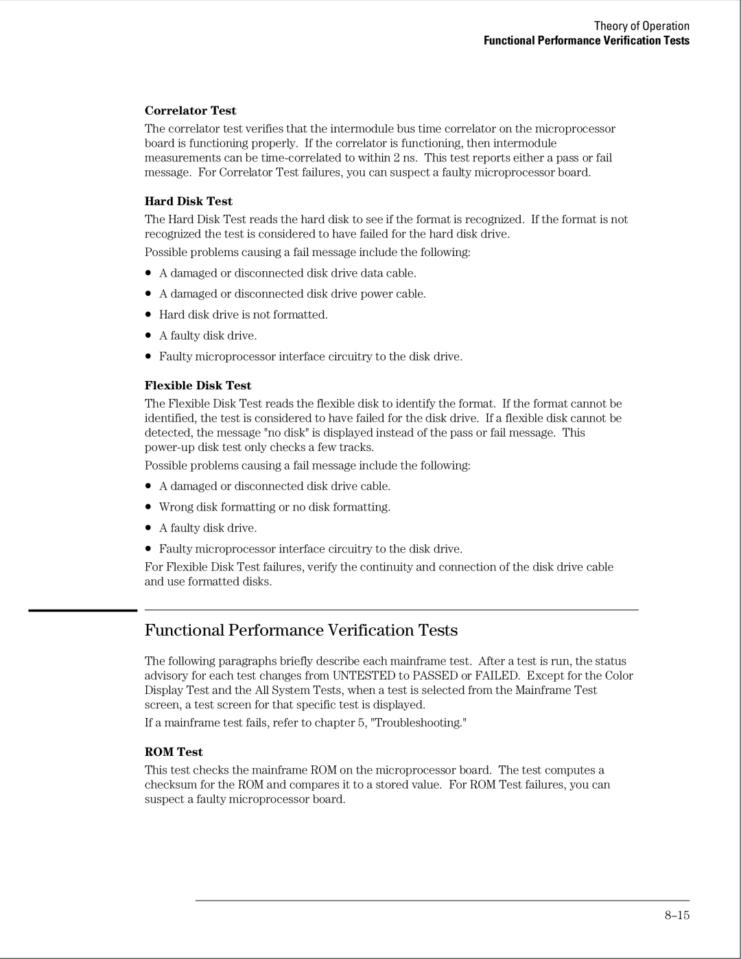 HP 16500B manual Functional Performance Verification Tests, Correlator Test, Hard Disk Test, Flexible Disk Test 