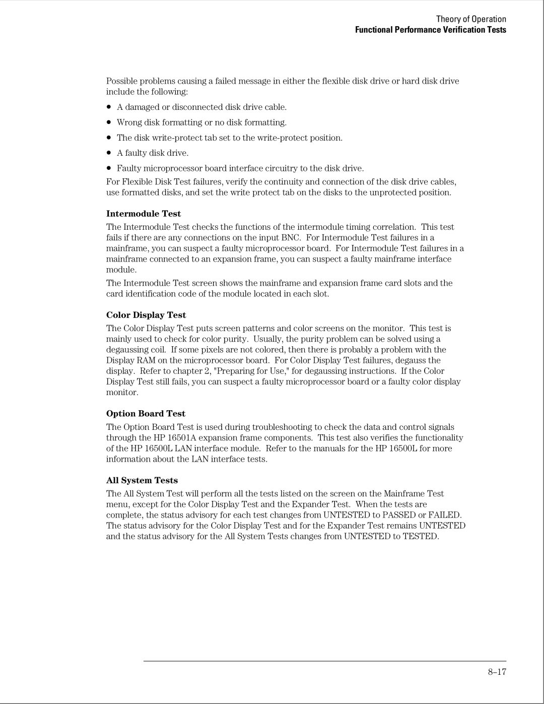 HP 16500B manual Intermodule Test, Color Display Test, Option Board Test, All System Tests 