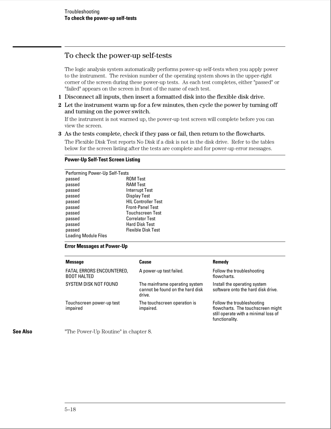 HP 16500B manual To check the power-up self-tests, Power-Up Self-Test Screen Listing 