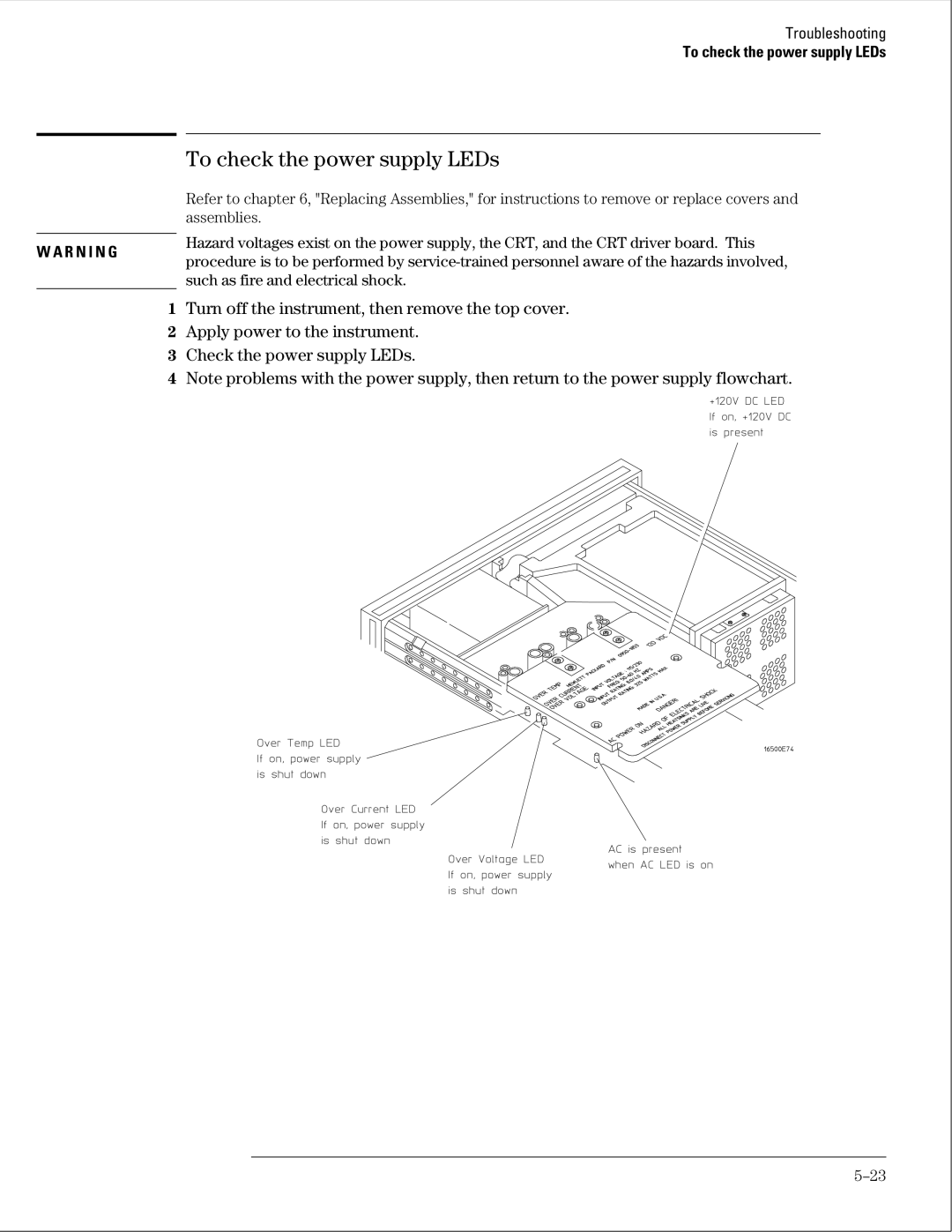 HP 16500B manual To check the power supply LEDs 