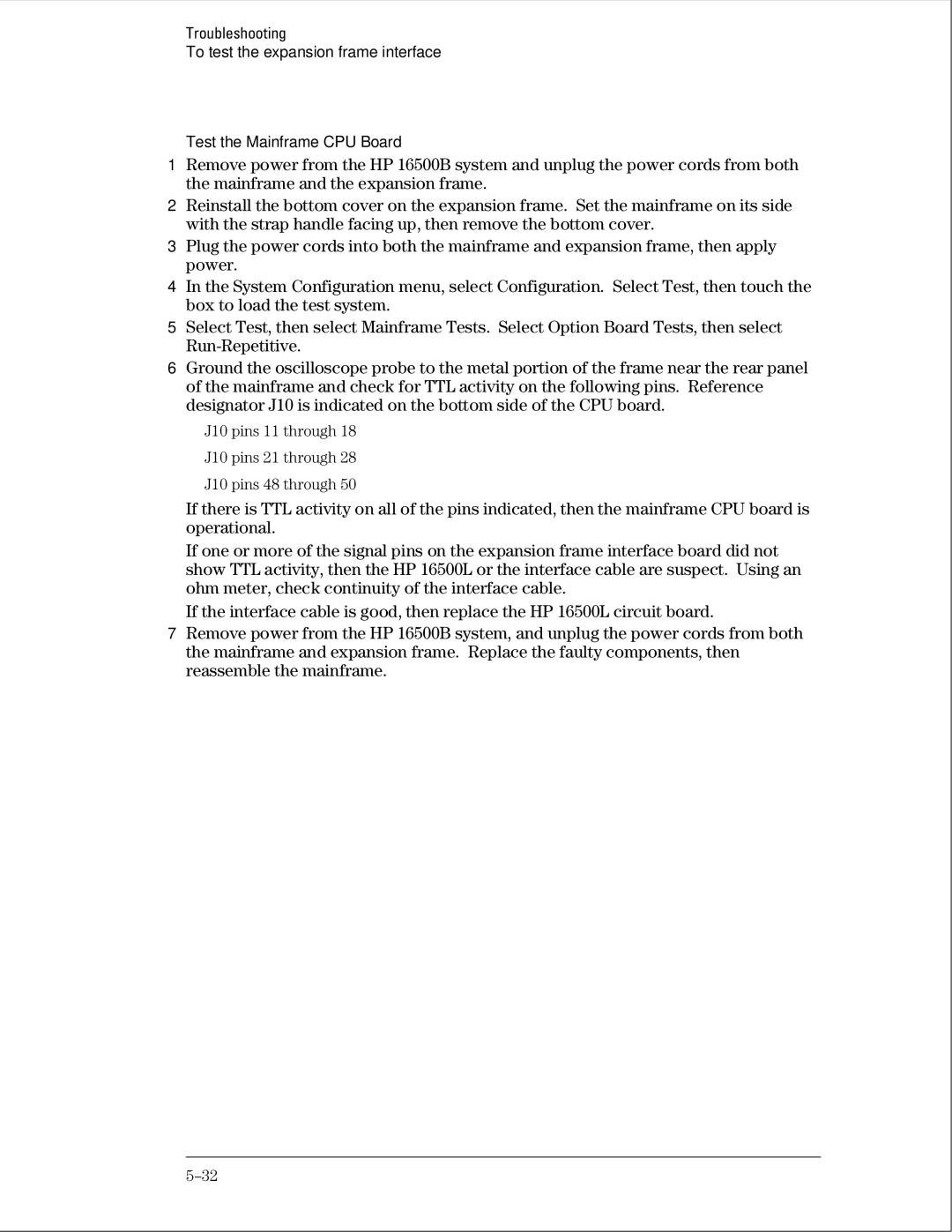 HP 16500B manual Test the Mainframe CPU Board 