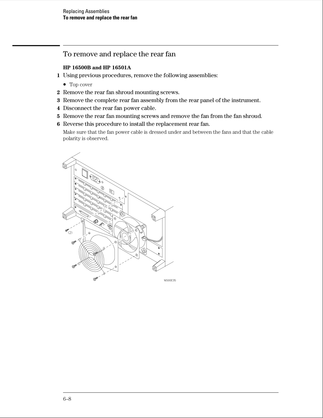 HP manual To remove and replace the rear fan, HP 16500B and HP 16501A 