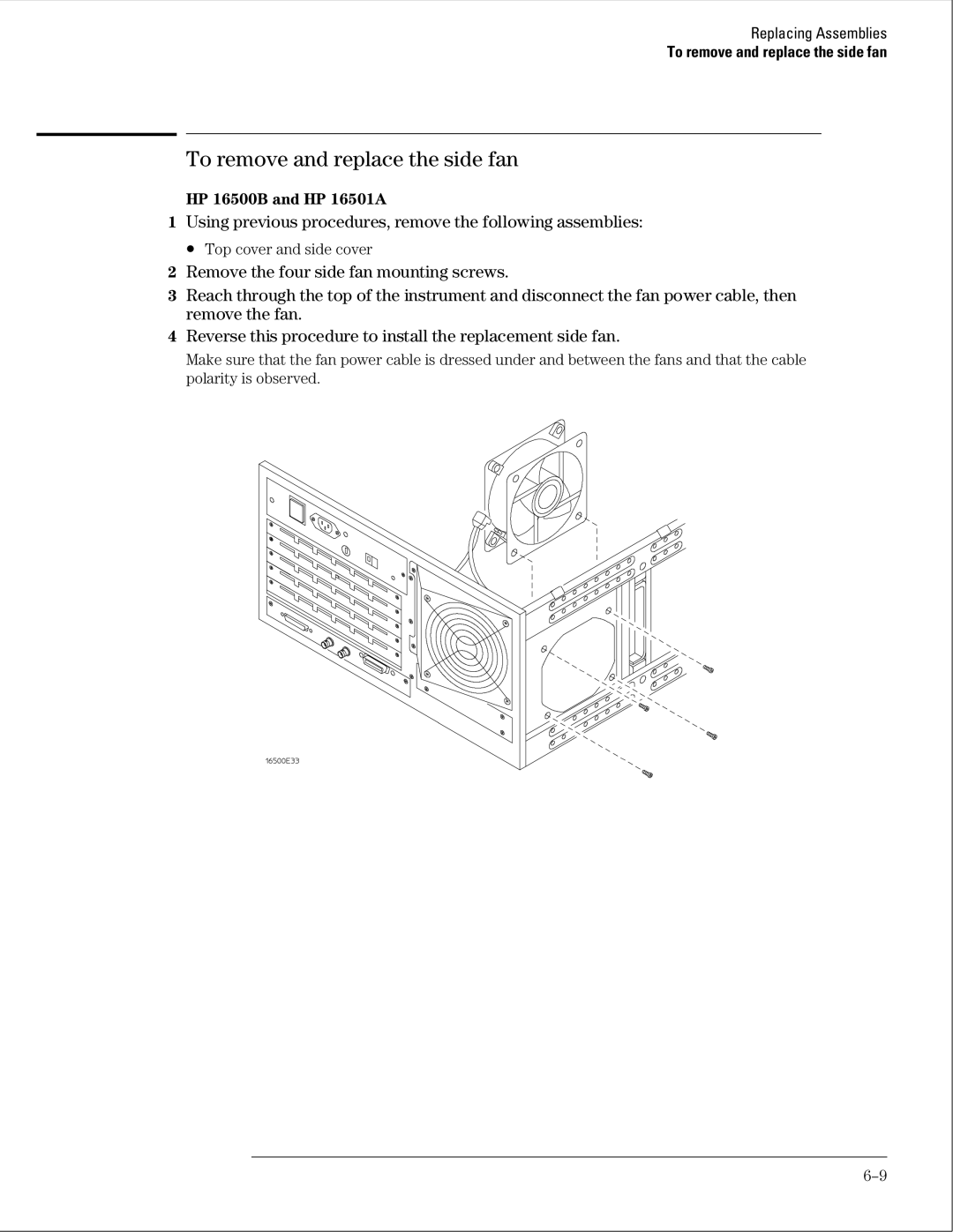 HP 16500B manual To remove and replace the side fan 