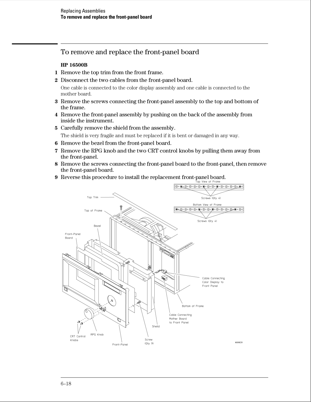 HP 16500B manual To remove and replace the front-panel board 