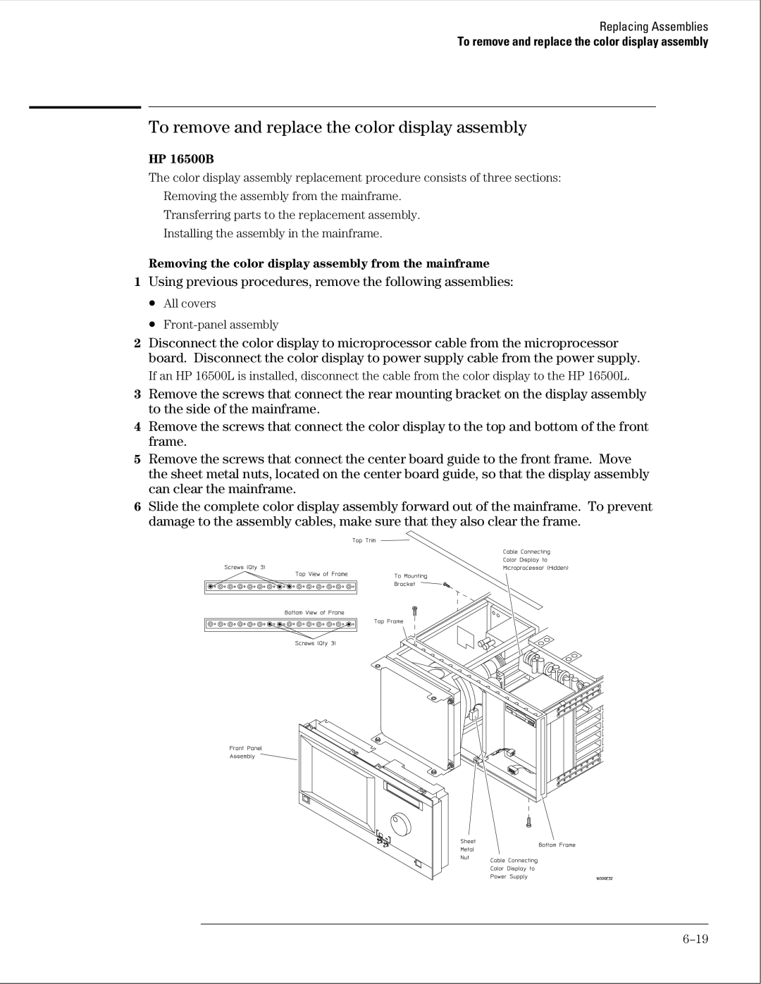 HP 16500B manual To remove and replace the color display assembly, Removing the color display assembly from the mainframe 