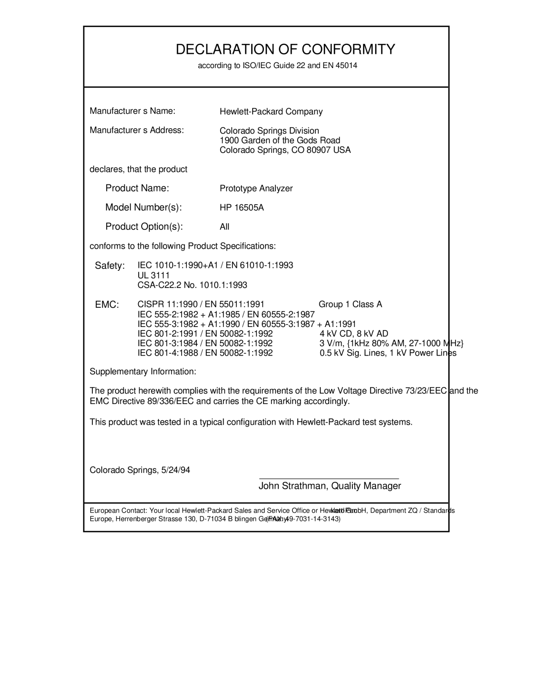 HP 16505A manual Declaration of Conformity 