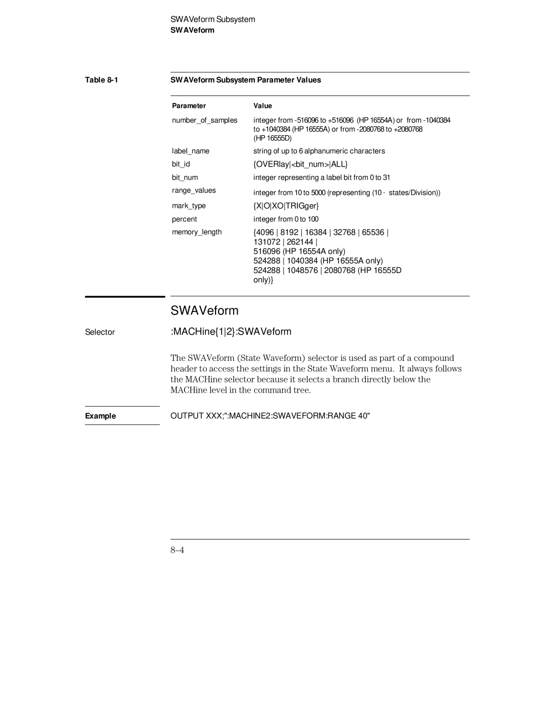 HP 16555D, 16555A, 16554A manual MACHine12SWAVeform, SWAVeform SWAVeform Subsystem Parameter Values 