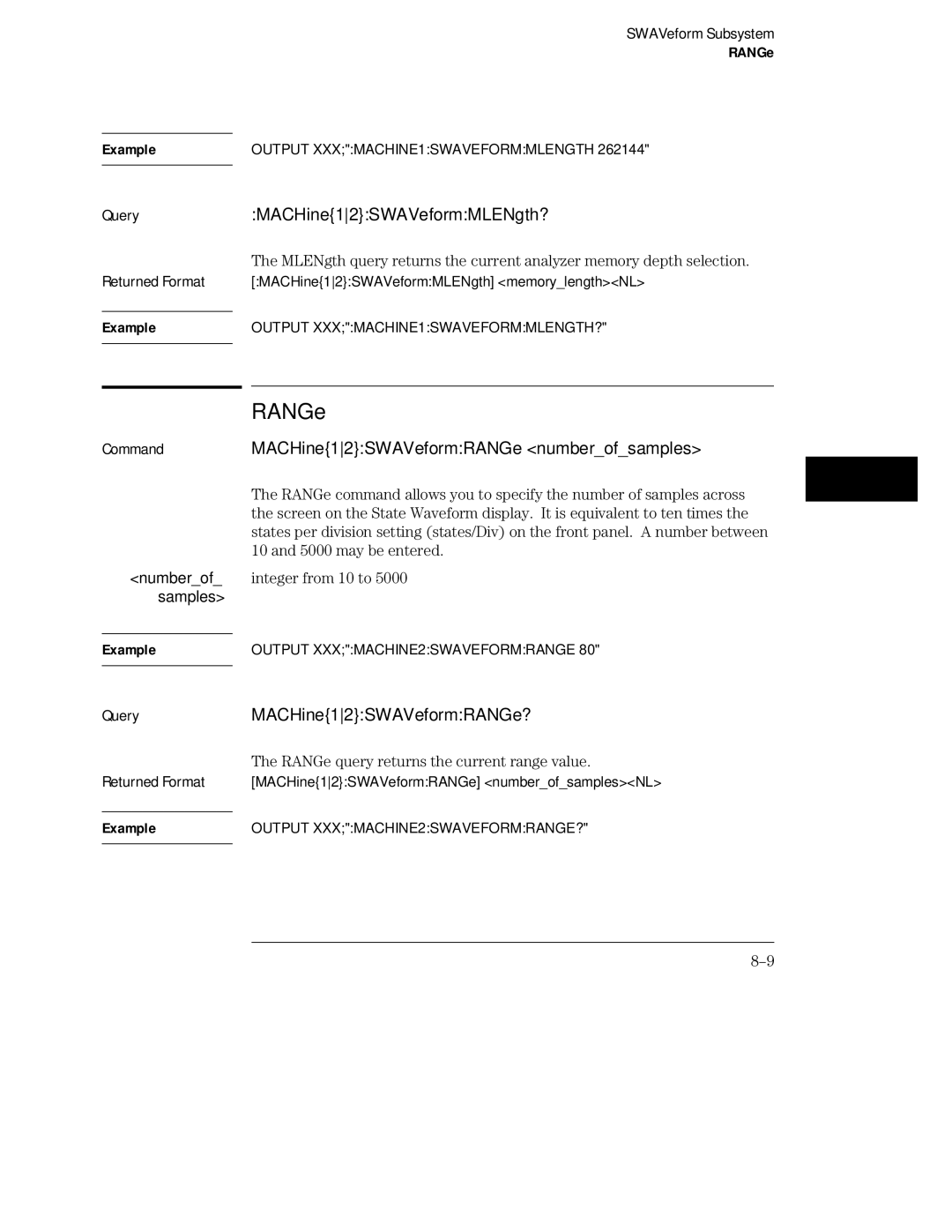 HP 16554A manual QueryMACHine12SWAVeformMLENgth?, CommandMACHine12SWAVeformRANGe numberofsamples, MACHine12SWAVeformRANGe? 