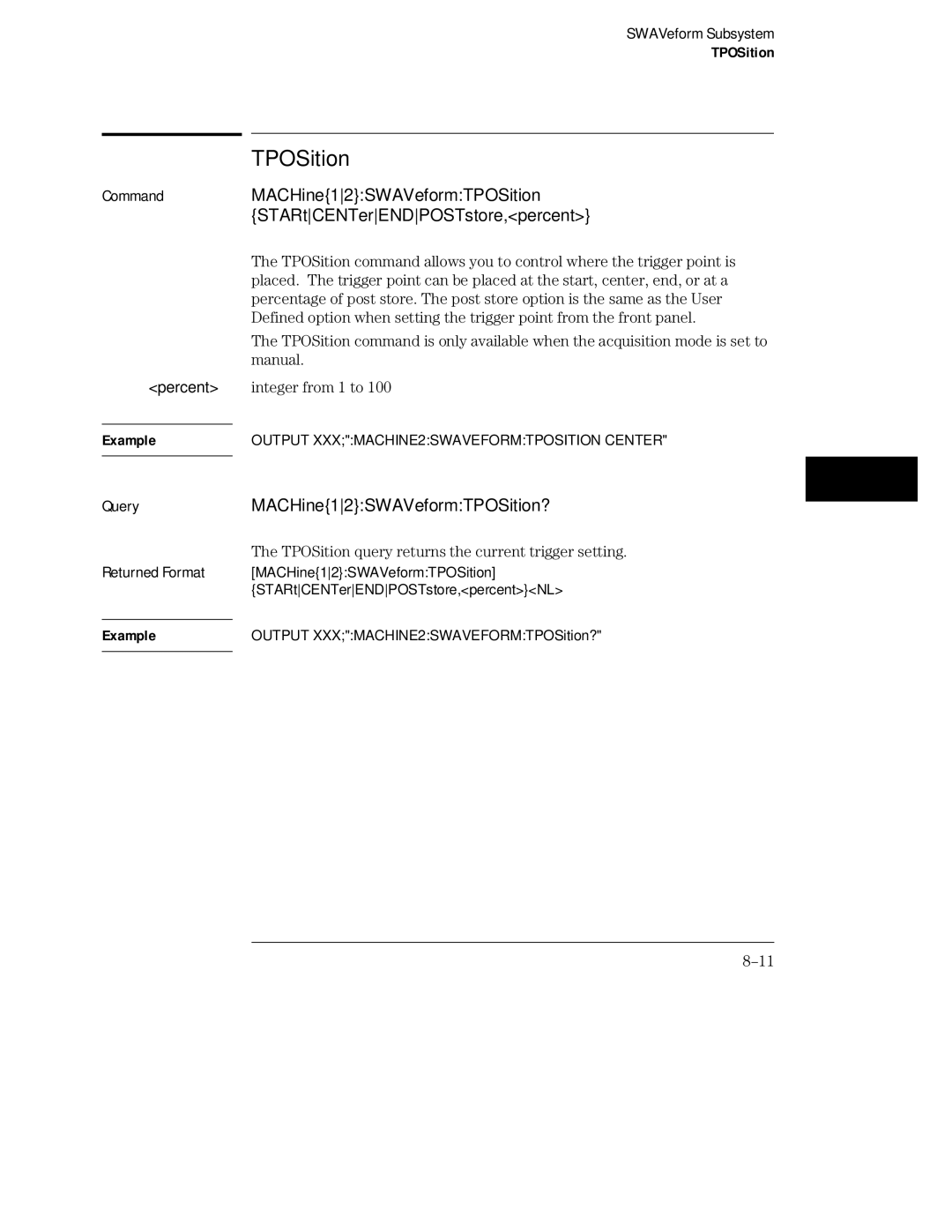 HP 16555A, 16555D, 16554A manual MACHine12SWAVeformTPOSition?, TPOSition query returns the current trigger setting 