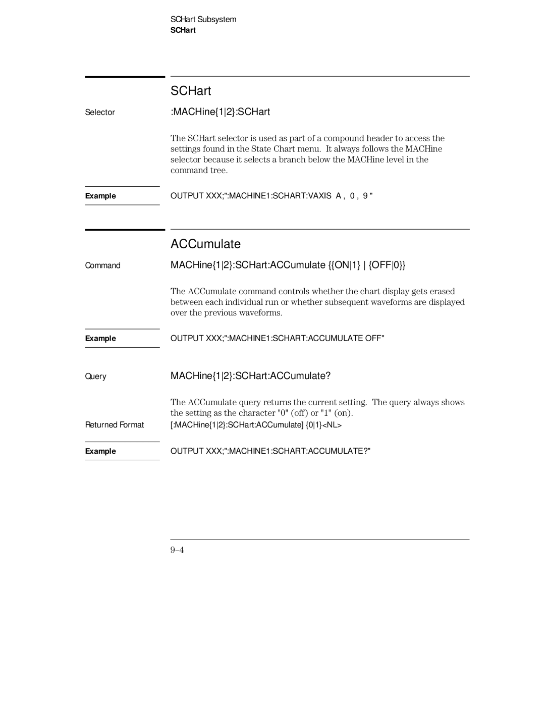 HP 16555D, 16555A, 16554A manual MACHine12SCHartACCumulate ON1 OFF0, MACHine12SCHartACCumulate? 