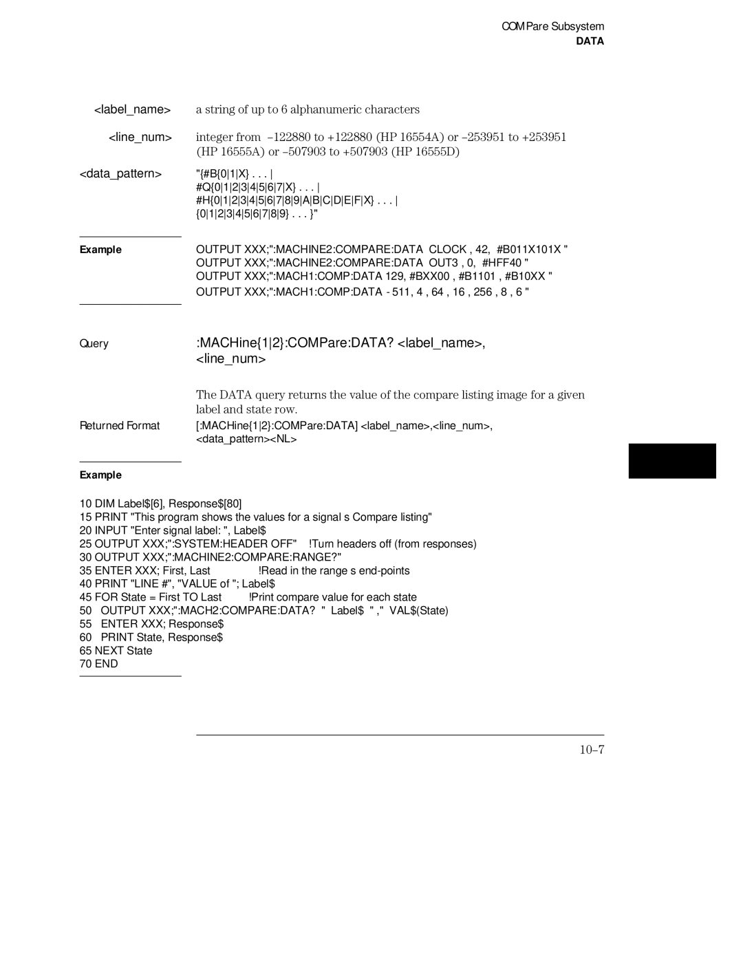 HP 16554A MACHine12COMPareDATA? labelname, Linenum, HP 16555A or -507903 to +507903 HP 16555D, Label and state row, 10-7 