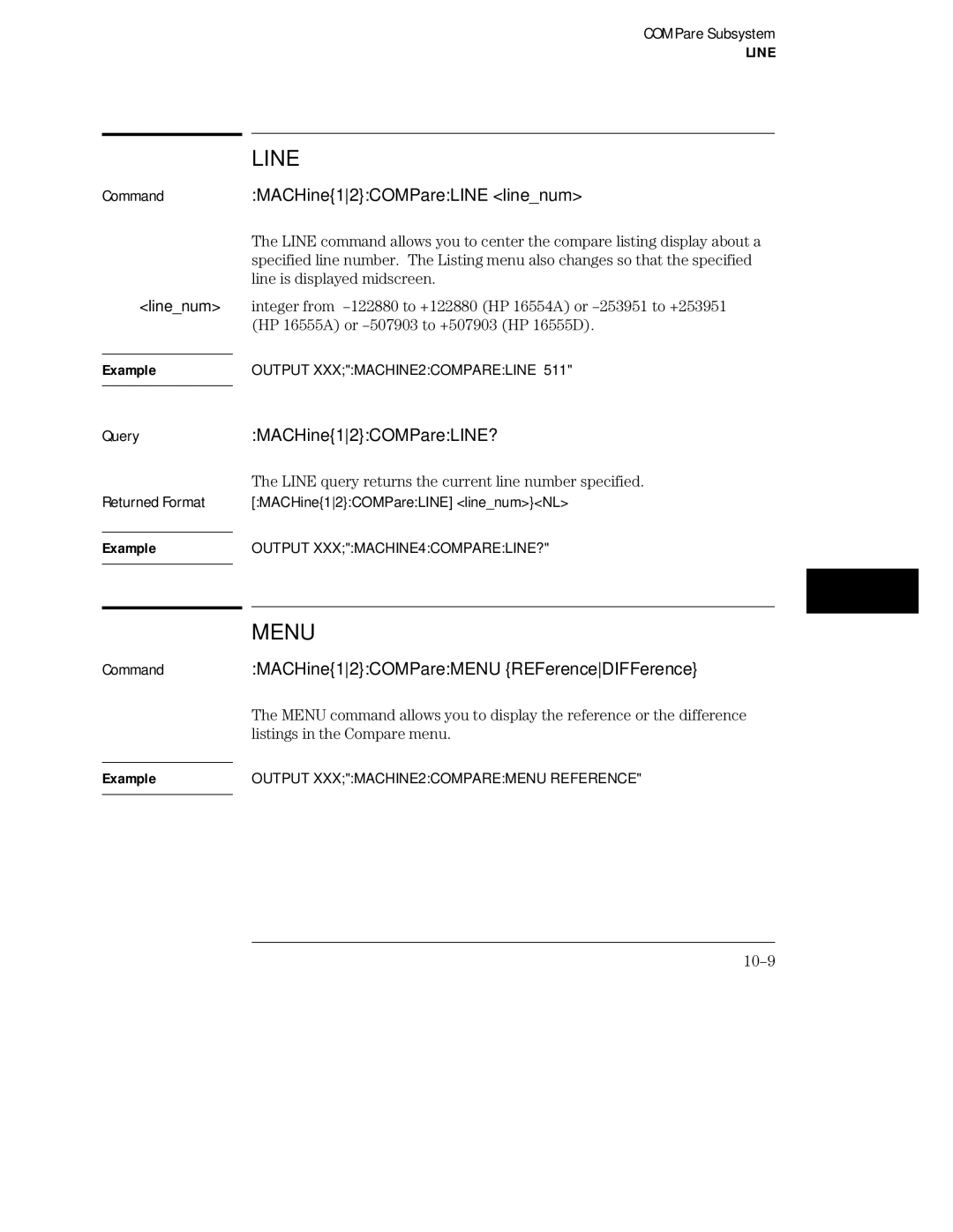 HP 16555A manual Menu, MACHine12COMPareLINE linenum, MACHine12COMPareLINE?, CommandMACHine12COMPareMENU REFerenceDIFFerence 