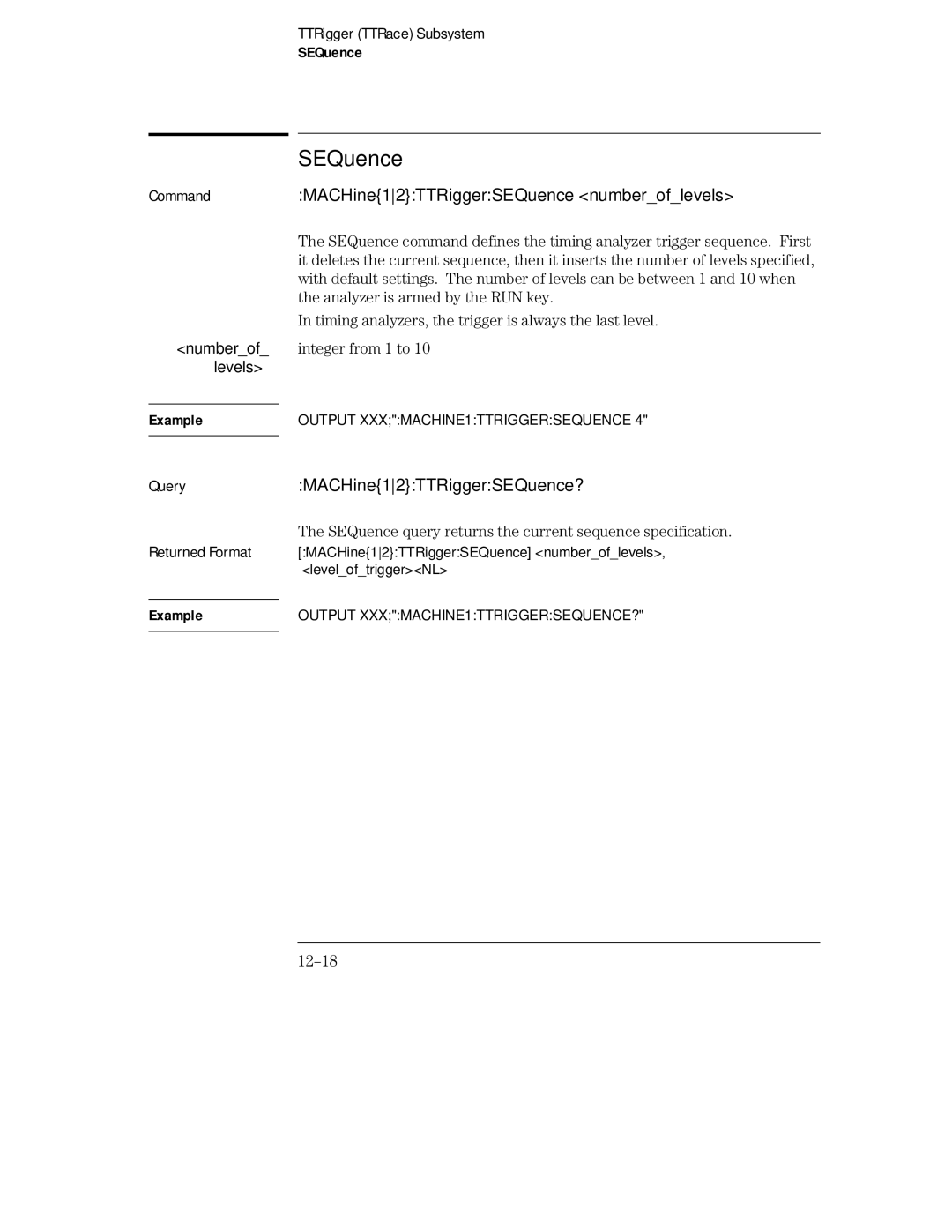 HP 16555D, 16555A, 16554A manual CommandMACHine12TTRiggerSEQuence numberoflevels, MACHine12TTRiggerSEQuence?, 12-18 