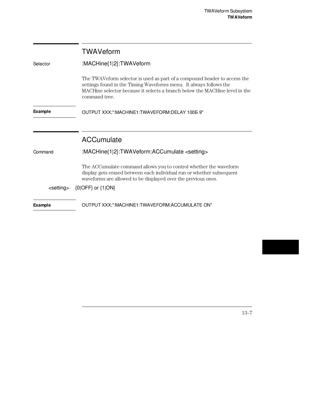 HP 16555A, 16555D, 16554A manual MACHine12TWAVeformACCumulate setting, 13-7 