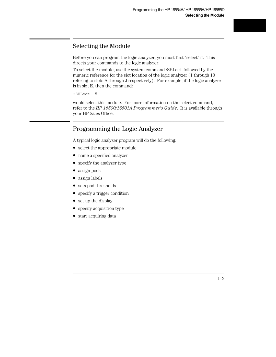 HP 16555D, 16555A, 16554A manual Selecting the Module, Programming the Logic Analyzer 