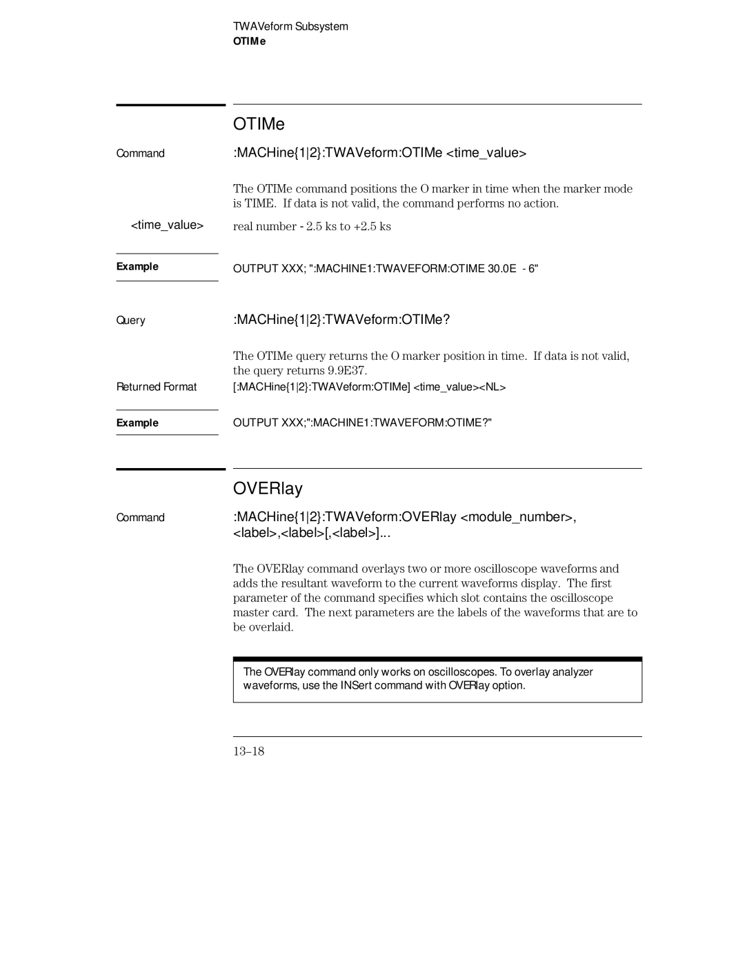 HP 16555D, 16555A, 16554A manual MACHine12TWAVeformOTIMe timevalue, MACHine12TWAVeformOTIMe?, 13-18 