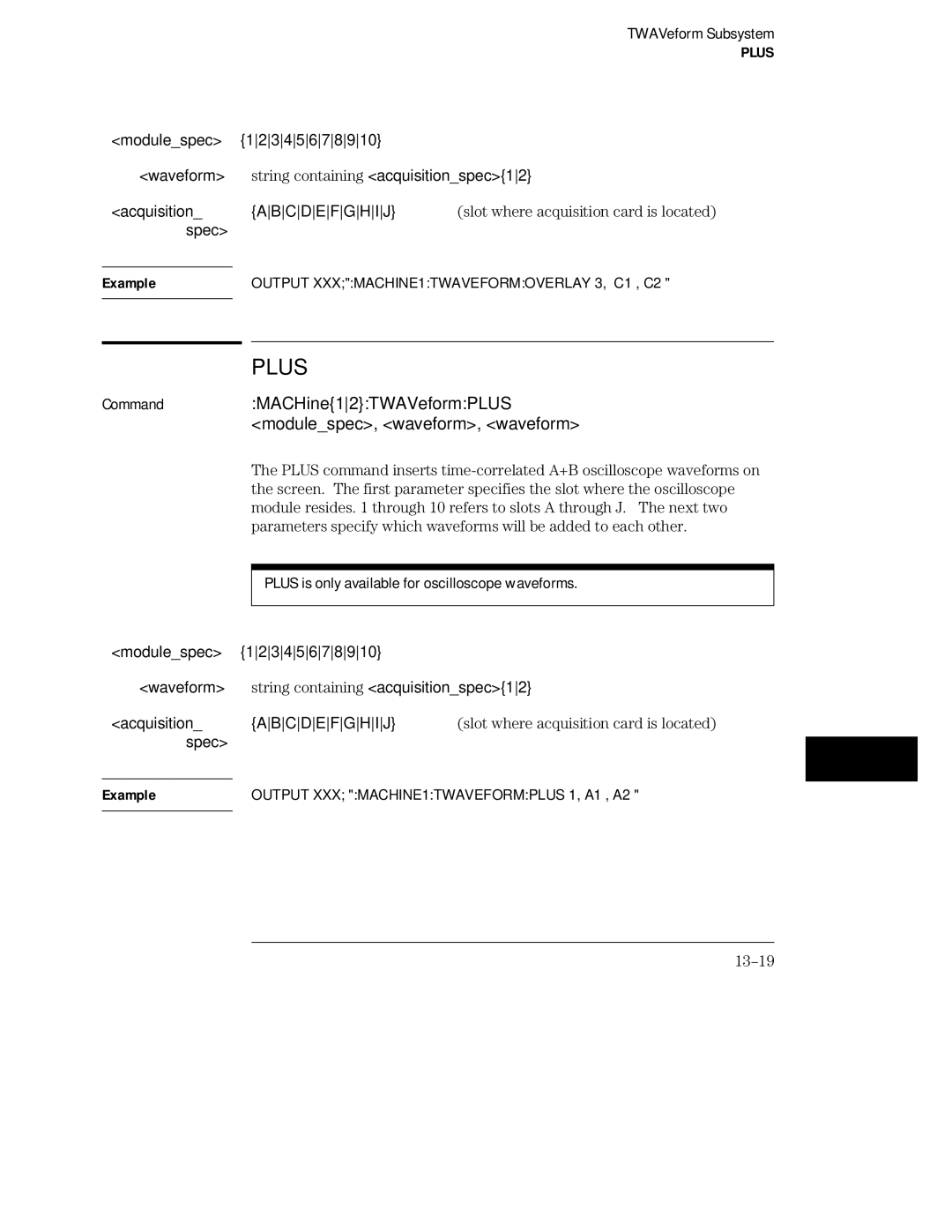 HP 16555A, 16555D, 16554A manual MACHine12TWAVeformPLUS, Modulespec, waveform, waveform, 13-19 