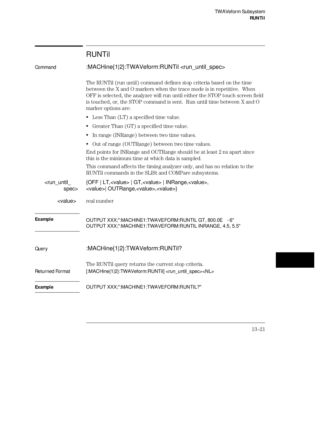 HP 16555D, 16555A, 16554A manual CommandMACHine12TWAVeformRUNTil rununtilspec, MACHine12TWAVeformRUNTil?, 13-21 