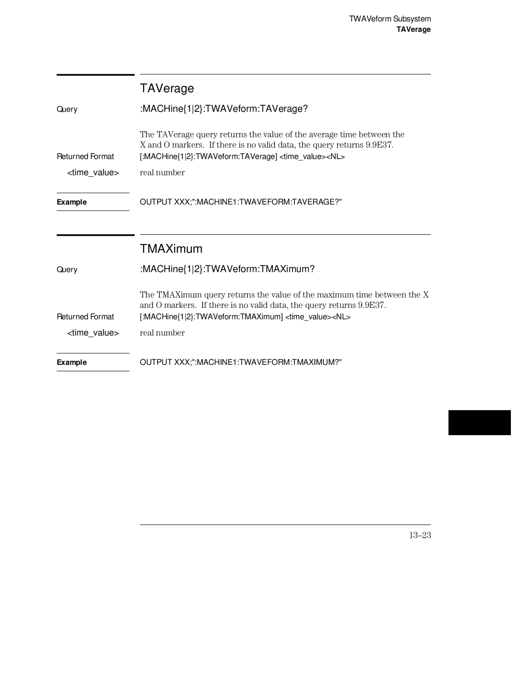 HP 16554A, 16555D, 16555A manual MACHine12TWAVeformTAVerage?, MACHine12TWAVeformTMAXimum?, 13-23 